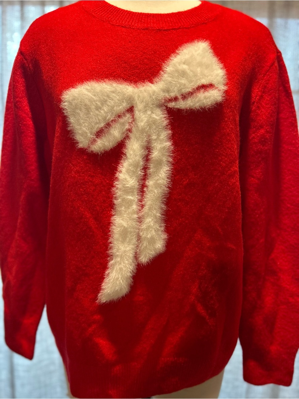 CeCe Red Crewneck Sweater with White Fuzzy Bow